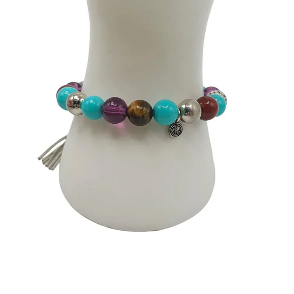 RJ Graziano Cn Blue Turquoise Multicolor Beads Tassel Charm Stretch Bracelet VTG - Picture 3 of 6